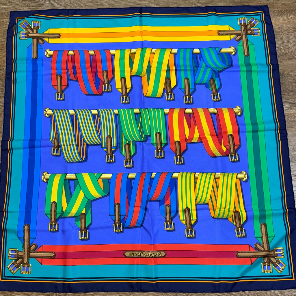 Herms Les Sangles 90 Colorful Striped Silk Scarf